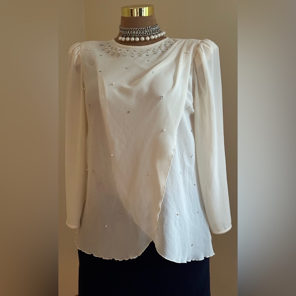 Ann Hobbs For Cattiva Cream Sheer Shoulder Pads Dimond Sequence & Pearls Sz M/L